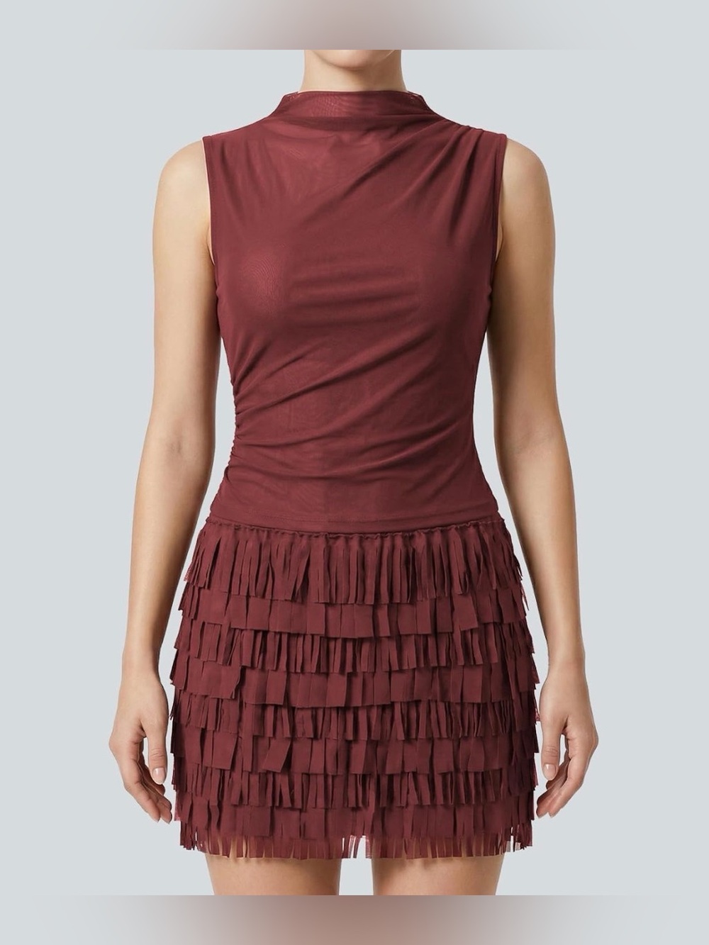 Ruffled Sleeveless Dress with Fringe Skirt in Wine Red Rose - NWT medium